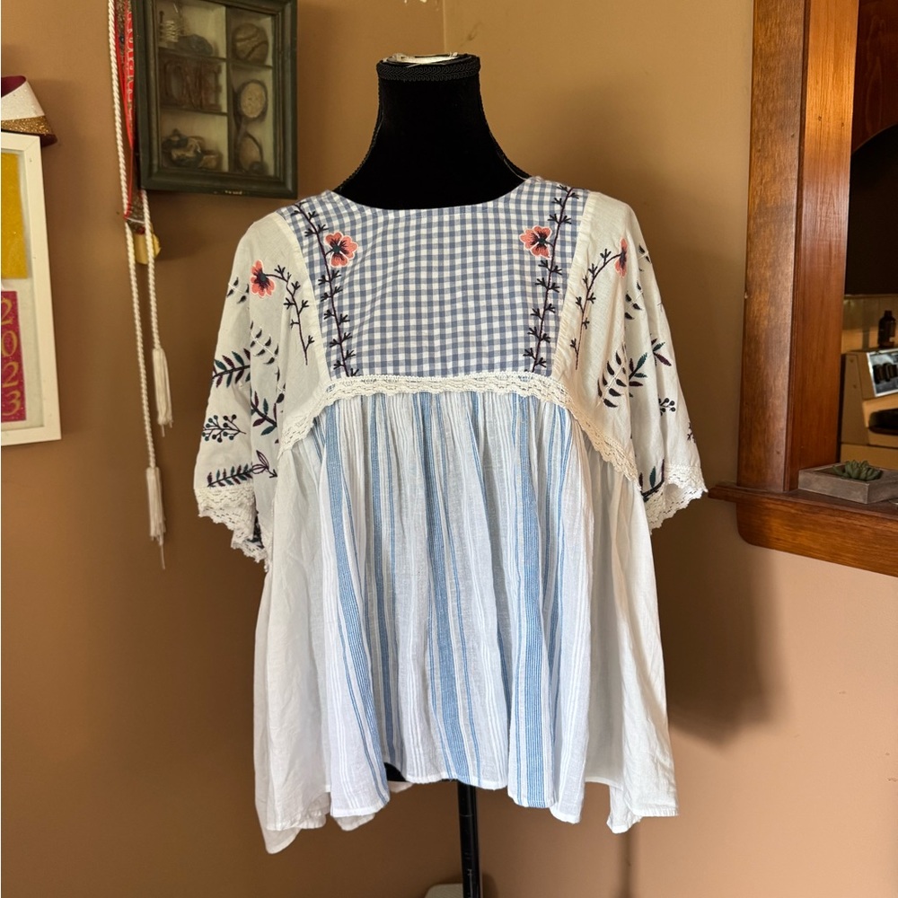 Lavish Floral Embroidered Blue and White Blouse